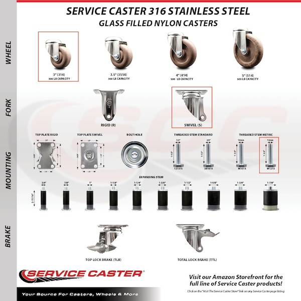 Service Caster 3 Inch 316SS High Temp Glass Filled Nylon Swivel 12mm Threaded Stem Caster SCC-SS316TS20S314-GFNSHT-M1215 - main